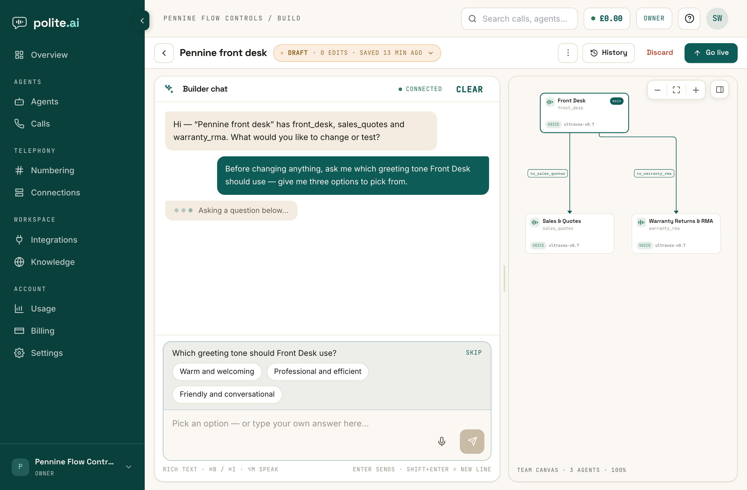 A Builder question docked into the composer, showing option pills the user can tap or answer over in text