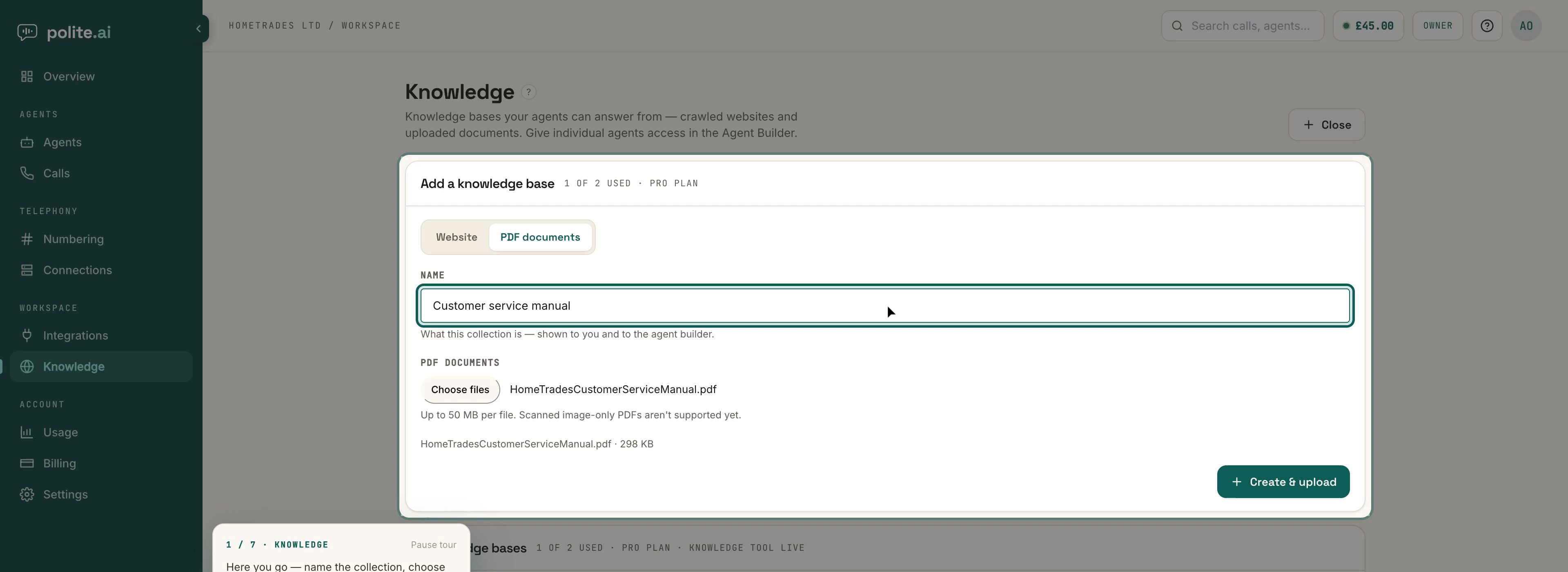 The add-a-knowledge-base panel on the PDF documents tab: a name field, Choose files with a selected manual, the 50 MB per-file limit, and a Create and upload button