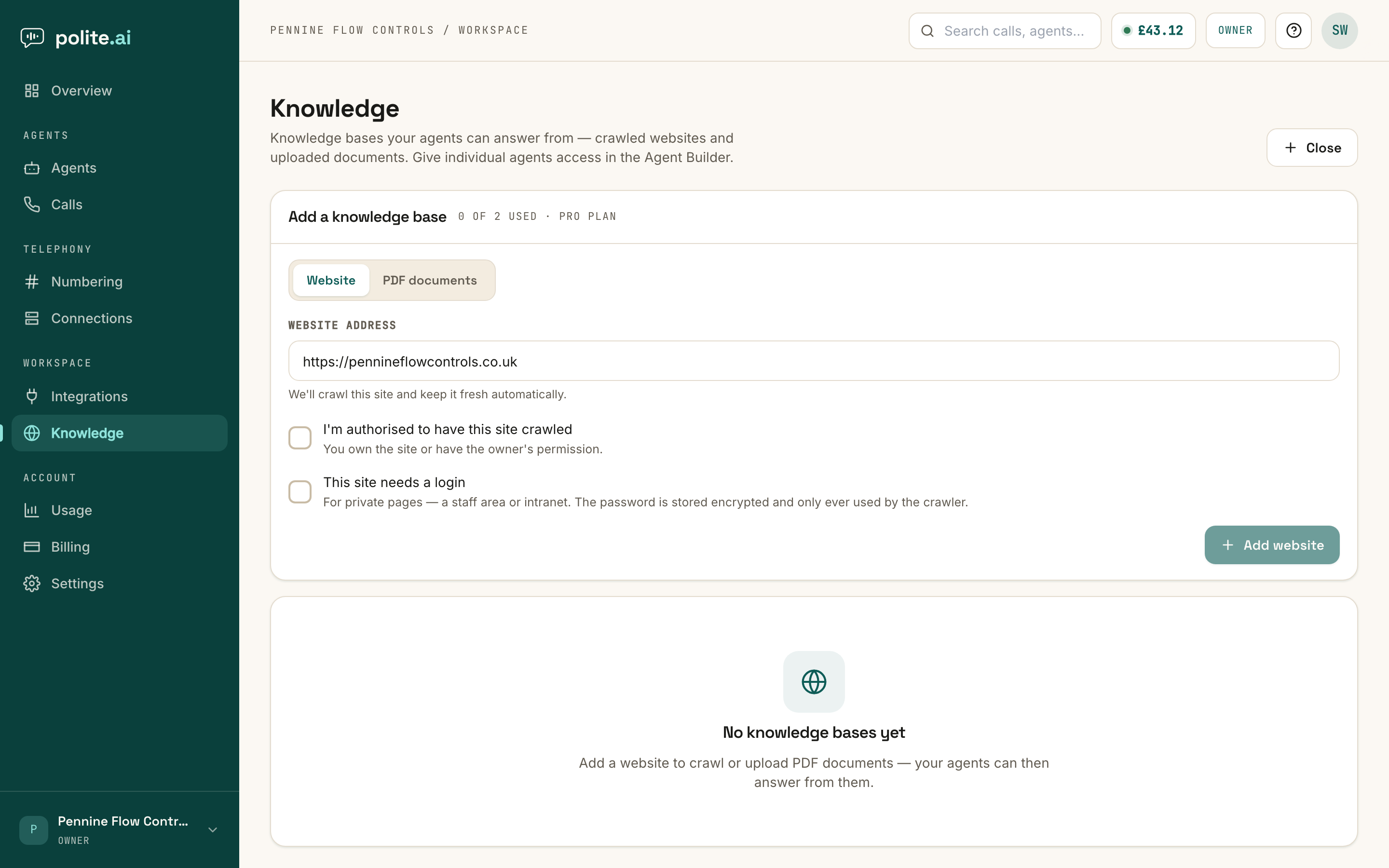 The add-a-knowledge-base panel on the Website tab: a website address field, the authorisation checkbox, a This site needs a login option, and the plan allowance shown as 0 of 2 used