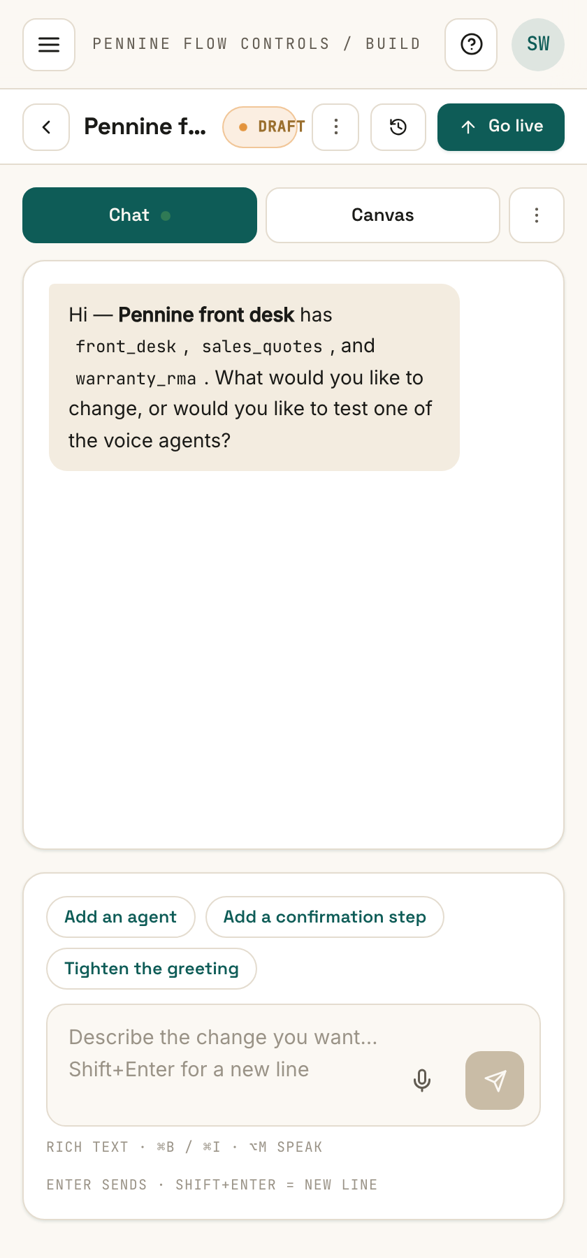 The Builder on a narrow screen: a Chat / Canvas tab pair above the conversation, with the composer and suggestion chips below