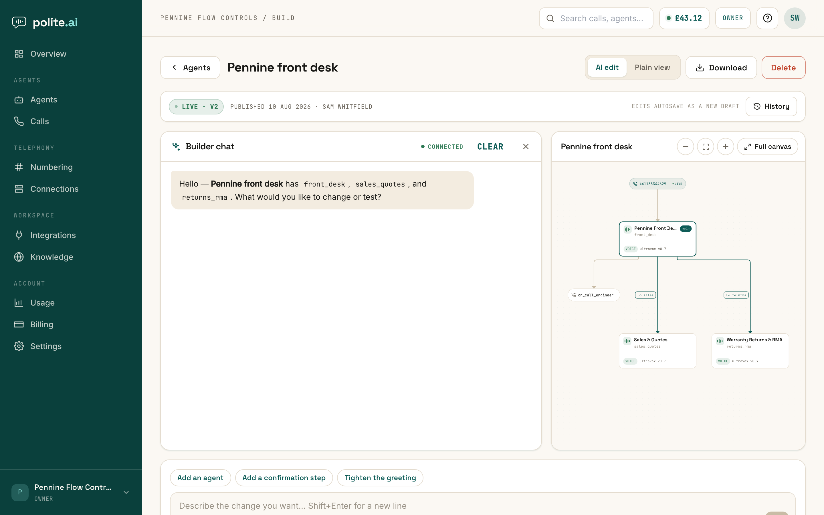 The Builder: a chat on the left designing the team, and the team graph drawing itself on the right with a live phone number attached