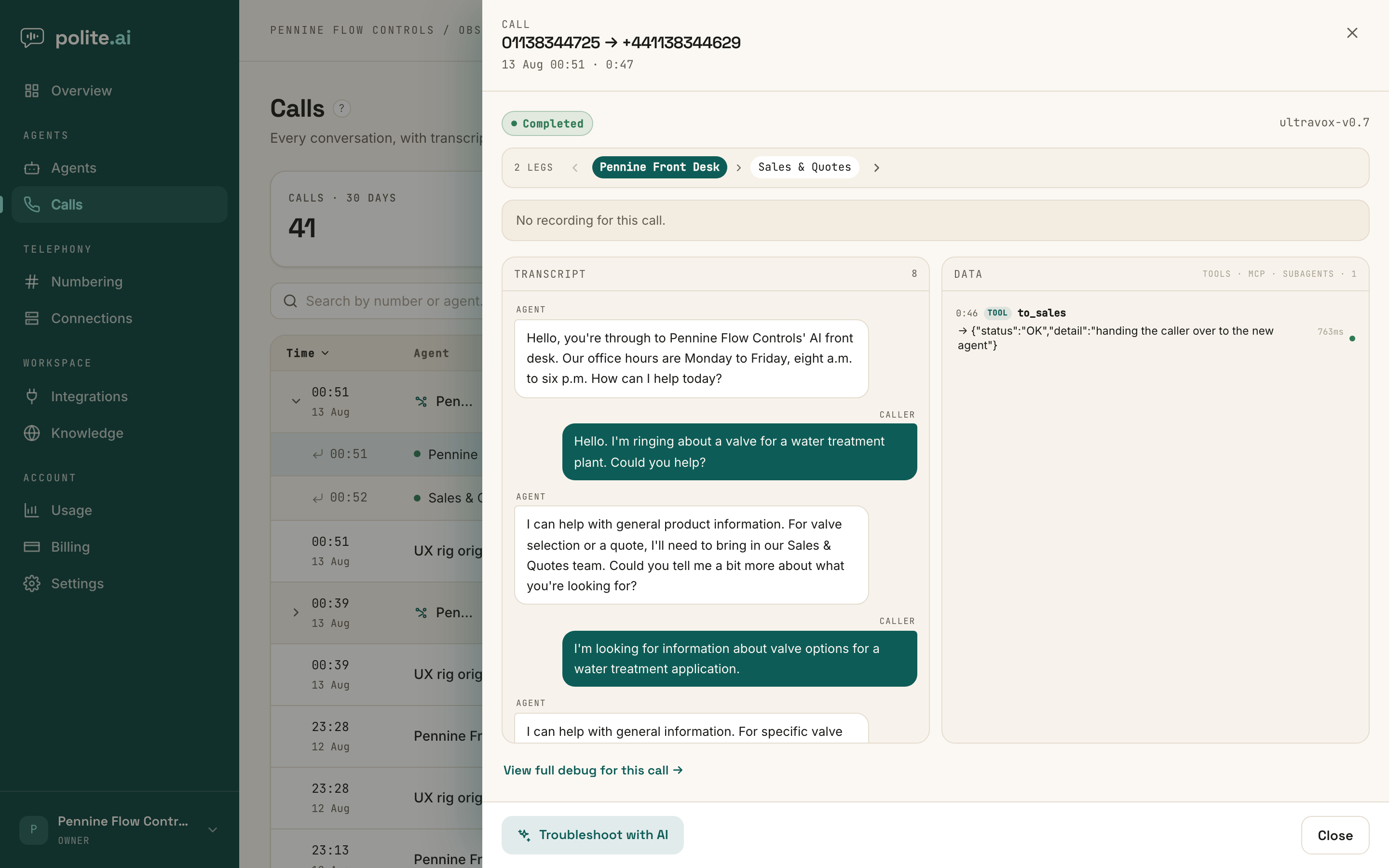 The call drawer on a transferred call: the legs strip, the conversation transcript, and the Data feed showing the hand-off tool call and its result