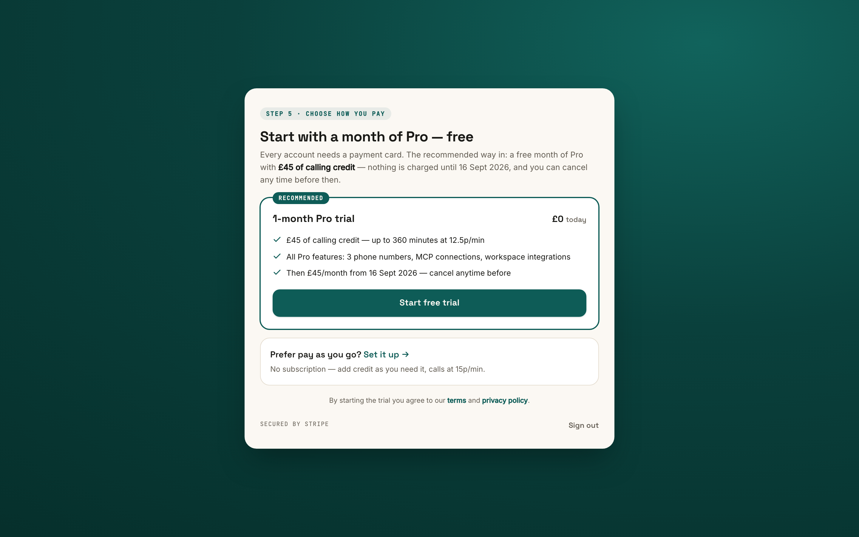 The Choose how you pay screen: a recommended 1-month Pro trial card at £0 today with Start free trial, and a Prefer pay as you go option below