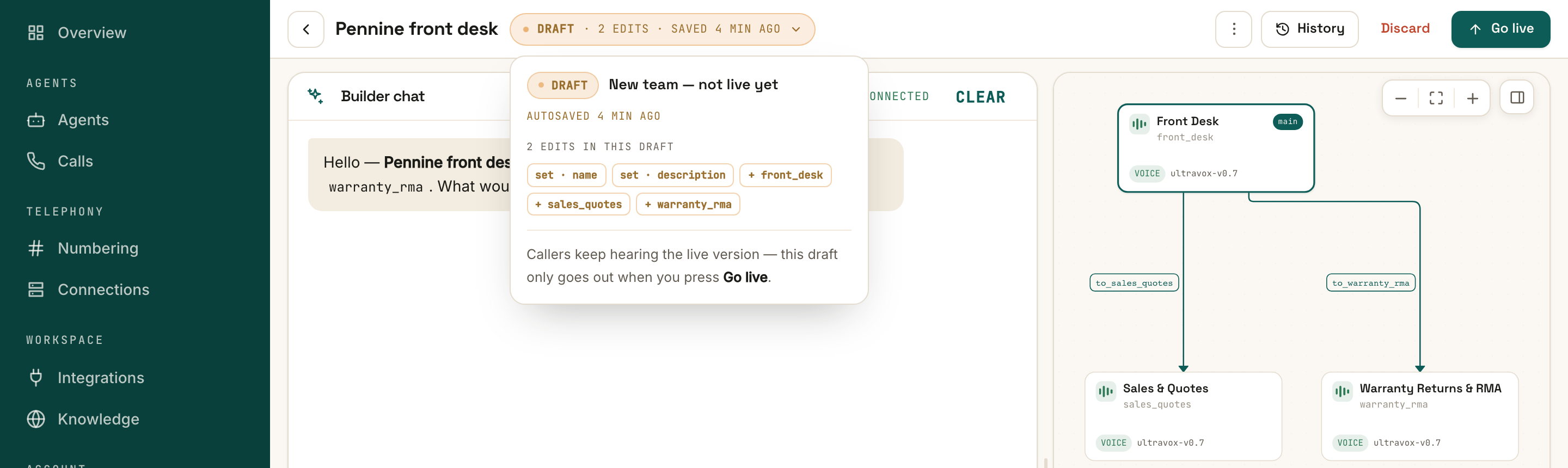 The Builder command bar with an amber DRAFT pill open, showing what the draft is based on, when it autosaved, chips for each changed field, and History, Discard and Go live buttons beside it