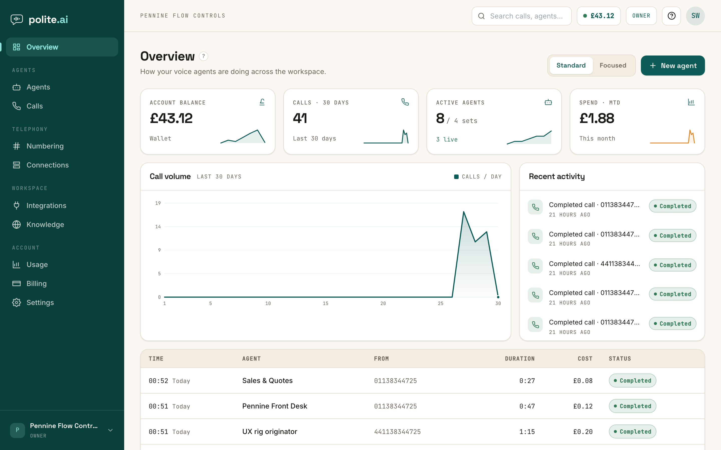 The Overview page: balance, calls, active agents and spend tiles, a 30-day call-volume chart, recent activity and the recent-calls table