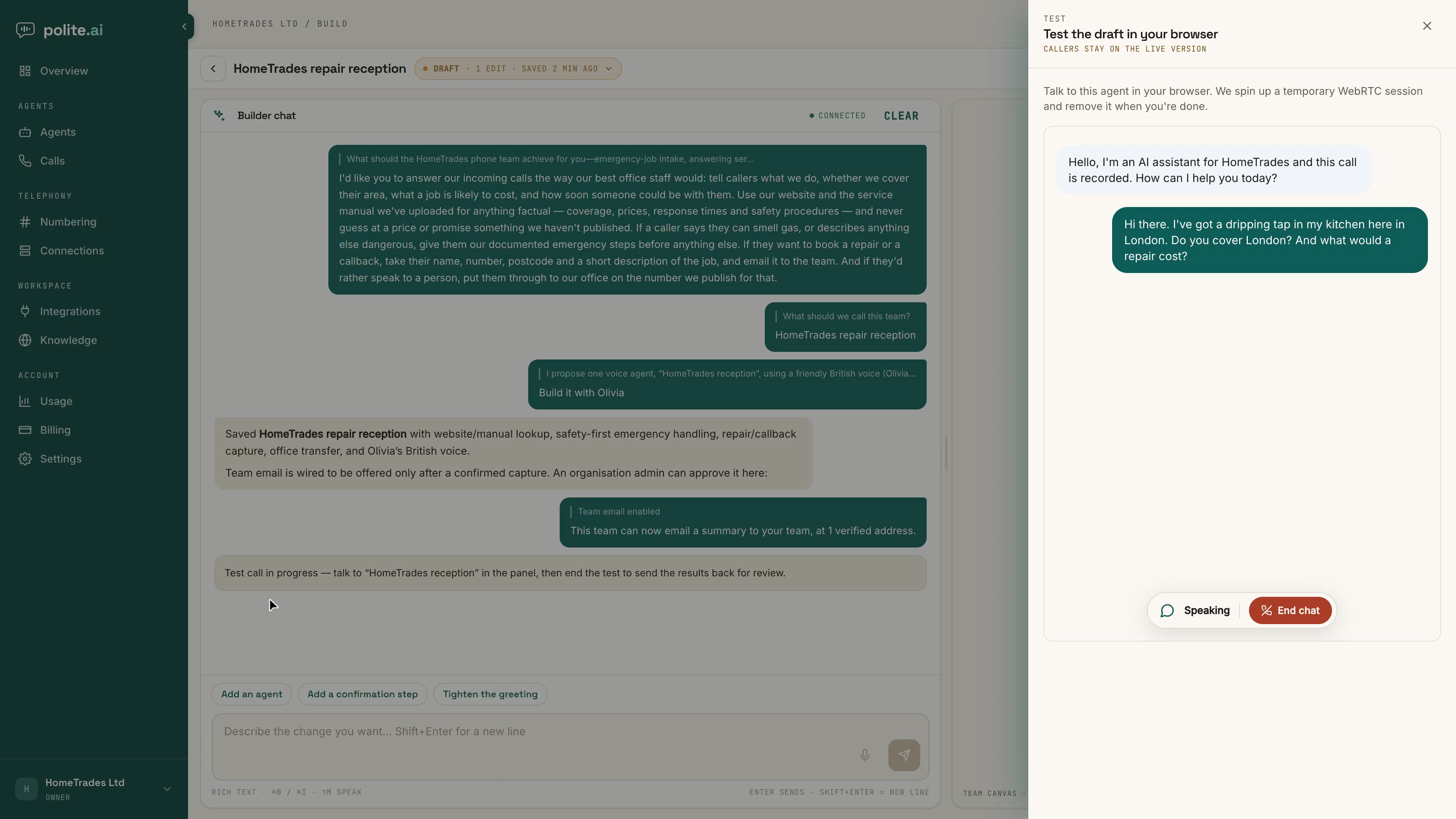 The test drawer open over the Builder during a browser call: the heading Test the draft in your browser above callers stay on the live version, the agent's greeting and the caller's question as chat bubbles, and a session pill reading Speaking beside End chat