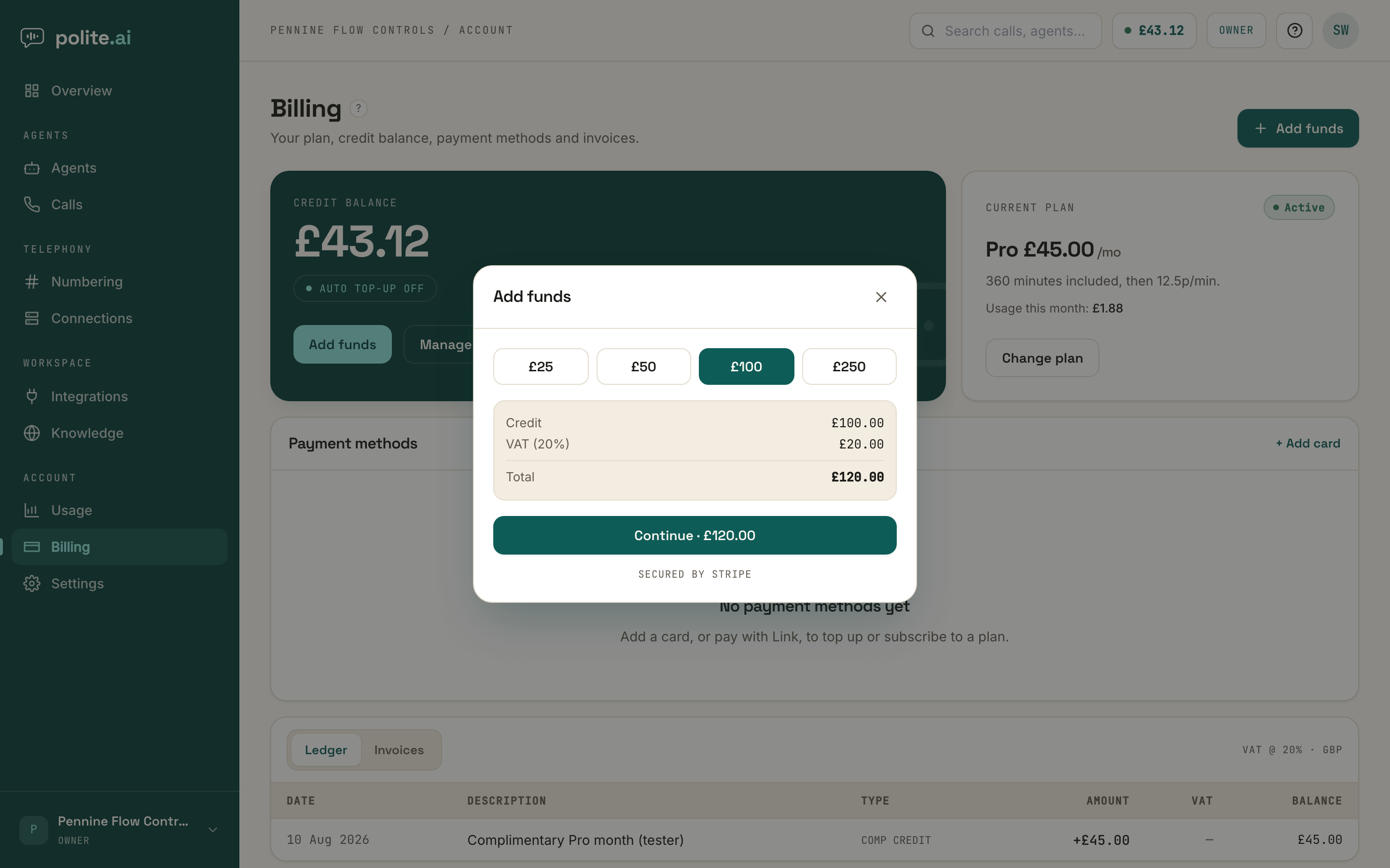 The Add funds modal: preset amounts, the credit, VAT and total shown before payment, secured by Stripe